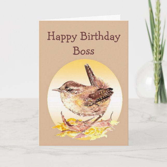 Happy Birthday Boss Watercolor House Wren Bird Card (Front)