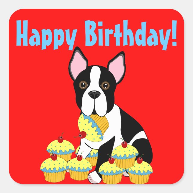 Happy Birthday Boston Terrier Cupcakes Stickers (Front)