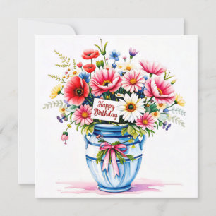 Happy birthday & bouquet of flowers holiday card