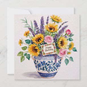 Happy birthday & bouquet of flowers holiday card