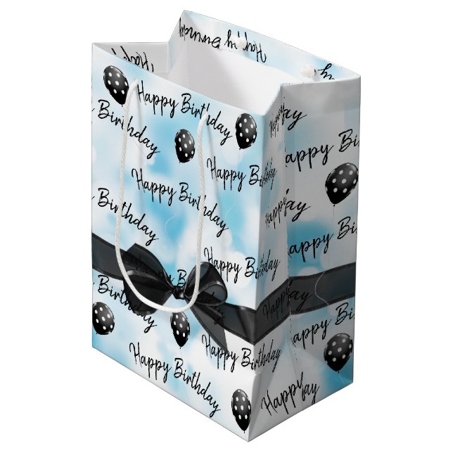 Happy Birthday Bow and Polka Dot Balloons Medium Gift Bag (Front Angled)