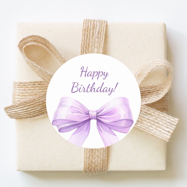 Happy Birthday Bow Lavender elegant Classic Round Sticker (Creator Uploaded)