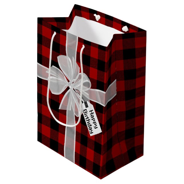 Happy Birthday Bow On Plaid Medium Gift Bag (Front Angled)