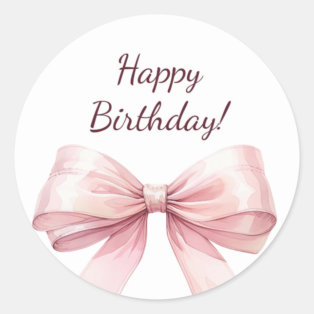 Happy Birthday Bow Pink elegant Classic Round Sticker (Front)