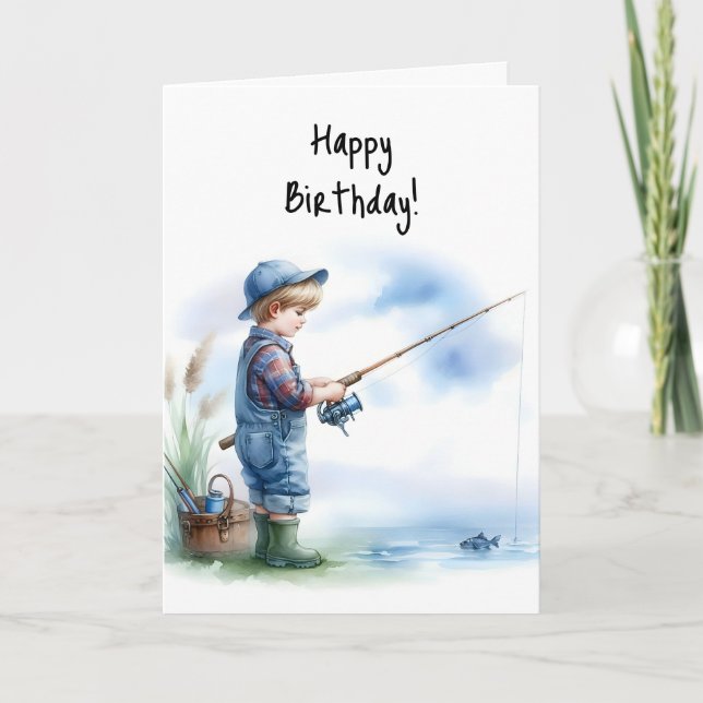 Happy Birthday Boy Fishing Pond Blue Hat Overalls Card (Front)