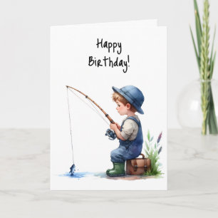 Happy Birthday Boy Fishing Pond Overalls Blue Hat Card