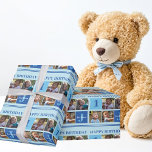 Happy Birthday Boy Photo Collage Cute Custom Wrapping Paper<br><div class="desc">Cute 4 photo collage happy birthday wrapping paper for a baby boy or toddler. Celebrate your child's birthday with cute photographs of them on this add your own photograph gift wrap with cool blue squares. Add their name and age.</div>