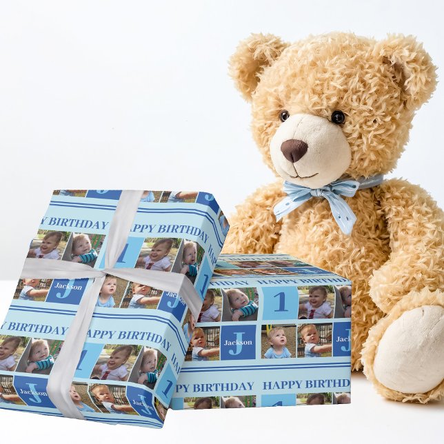 Happy Birthday Boy Photo Collage Cute Custom Wrapping Paper (Creator Uploaded)
