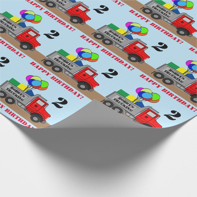 Happy Birthday Boys Truck Personalise Name Age Wrapping Paper (Corner)