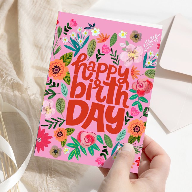 Happy Birthday Bright Floral Pink Garden Card (Happy Birthday Bright Floral Pink Garden Card)