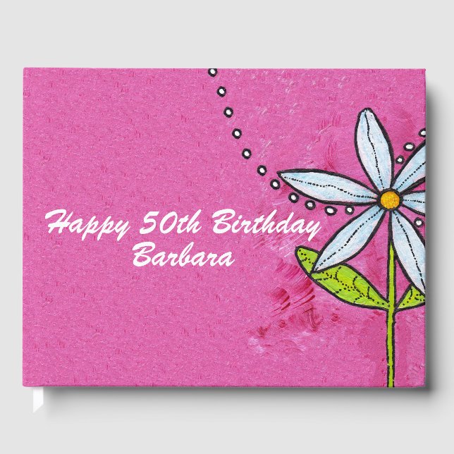 Happy Birthday Bright Pink Bold White Daisy Guest Book (Front)