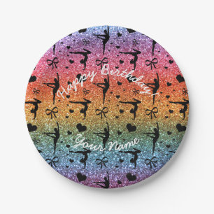 Happy Birthday bright rainbow glitter gymnastics Paper Plate