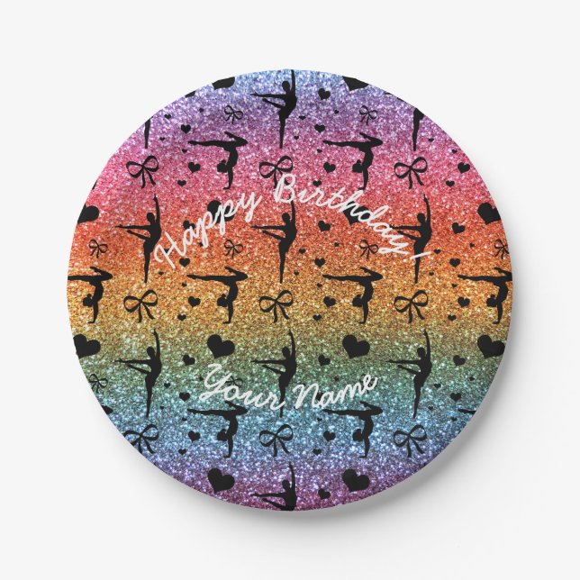 Happy Birthday bright rainbow glitter gymnastics Paper Plate (Front)