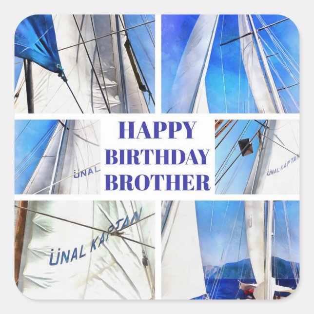 Happy Birthday Brother Artistic White Sails Square Sticker (Front)