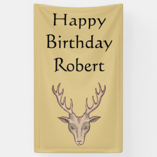 Happy Birthday Buck Deer Head Antlers Tan Banner