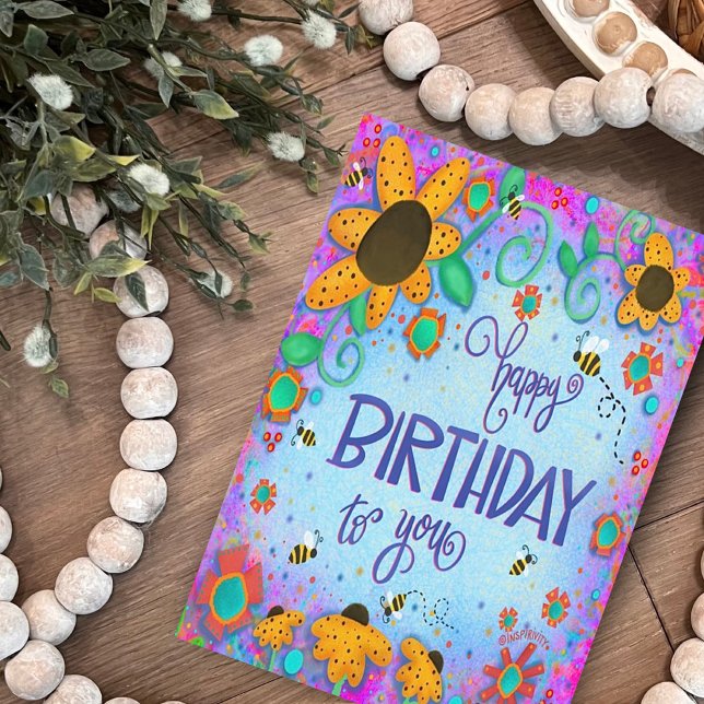 Happy Birthday Bumblebee Whimsical Flowers Card (Creator Uploaded)