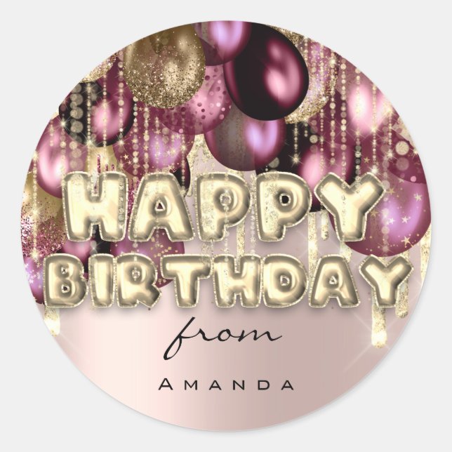 Happy Birthday Burgundy GOLD GLITTER BALLOONS Classic Round Sticker (Front)