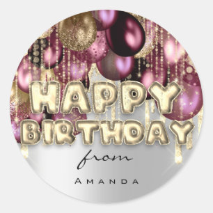 Happy Birthday Burgundy Silver Gold BALLOONS Classic Round Sticker