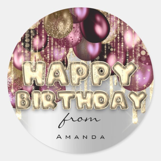 Happy Birthday Burgundy Silver Gold BALLOONS Classic Round Sticker (Front)