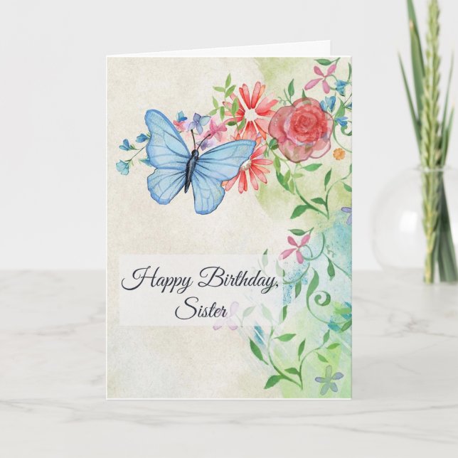 Happy Birthday, Butterfly and Flowers Card (Front)