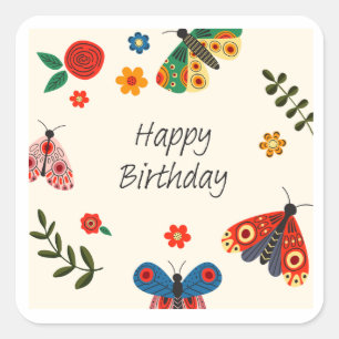 Happy Birthday Butterfly Floral Greeting Card    Square Sticker