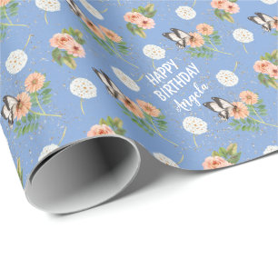 Happy Birthday Butterfly Floral Personalised Wrapping Paper