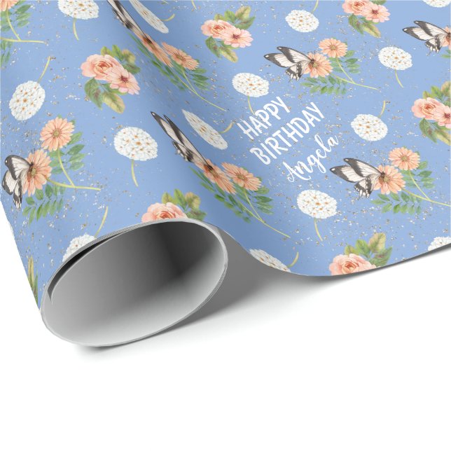 Happy Birthday Butterfly Floral Personalised Wrapping Paper (Roll Corner)