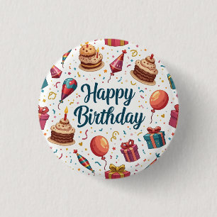 Happy Birthday Button with Balloons and Cake