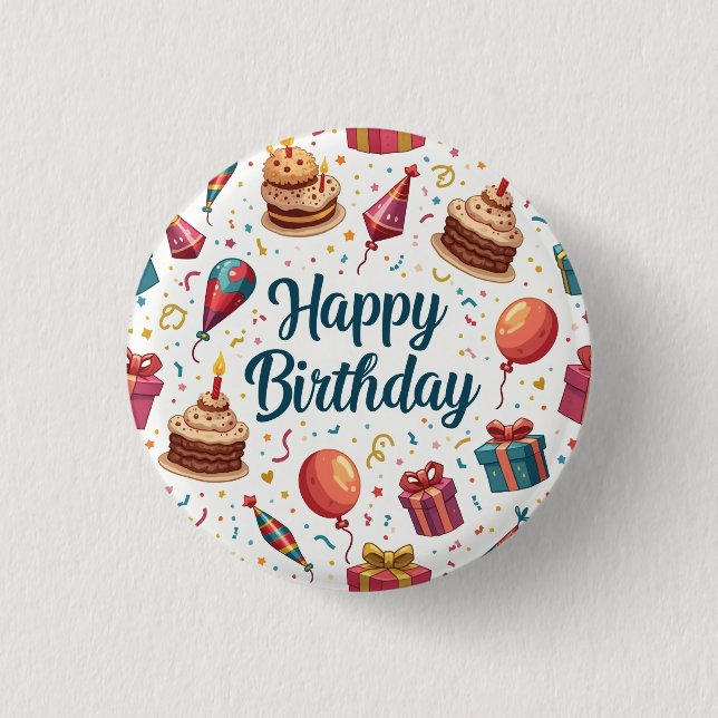 Happy Birthday Button with Balloons and Cake (Front)