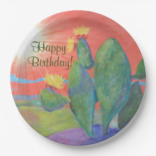 Happy Birthday Cactus Sunset Paper Plate