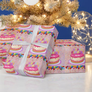 Happy Birthday Cake Balloon and Confetti  Wrapping Paper