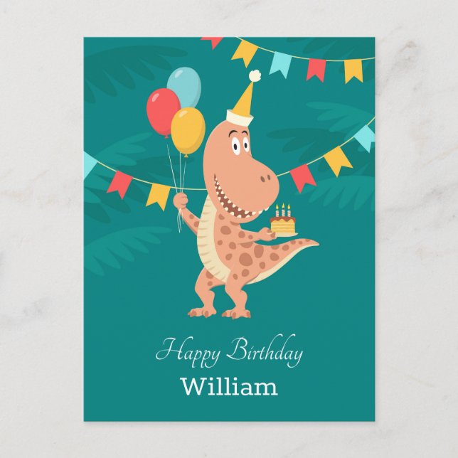 Happy Birthday Cake Balloon Cute Dinosaur Postcard (Front)