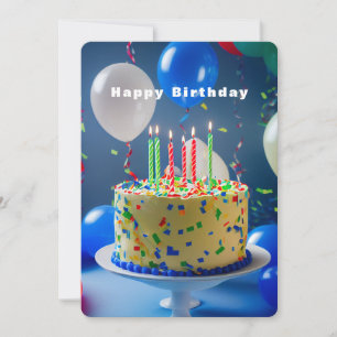 Happy Birthday Cake Blue White Balloons Card