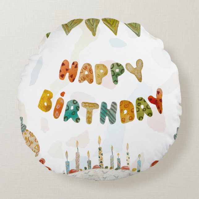 Happy Birthday cake flower cute colourful simple  Round Cushion (Front)