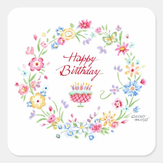 Happy Birthday Cake Meadow Flower Wreath Stickers (Front)