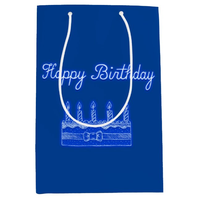 Happy Birthday Cake Neon Blue Sign Text and Cake  Medium Gift Bag (Front)
