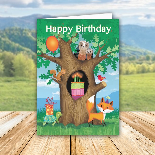 Happy Birthday Cake Owl Turtle Squirrel Red Bird Holiday Card (Creator Uploaded)