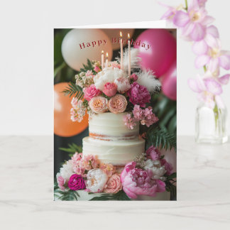 Happy Birthday Cake Pink Peonies Roses Feathers  Card