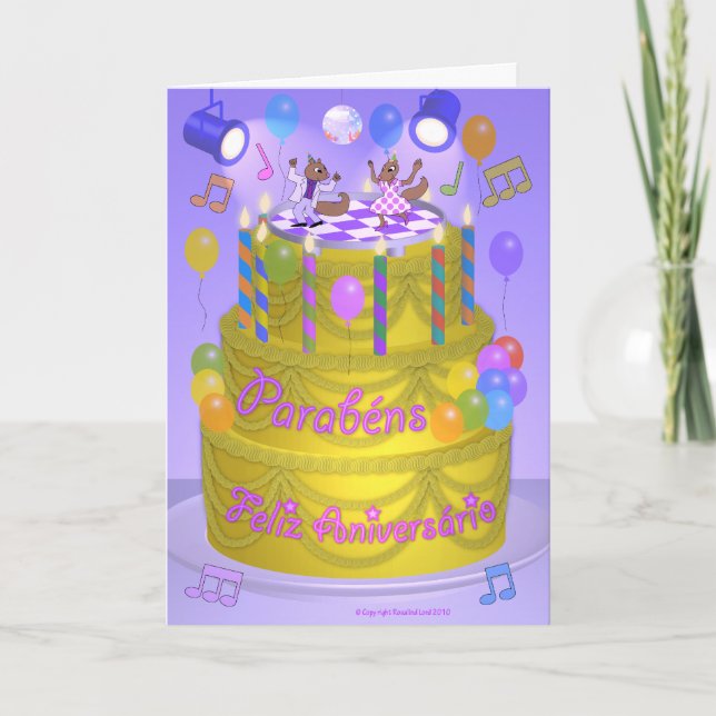 "Happy Birthday" cake (Portuguese) Card (Front)