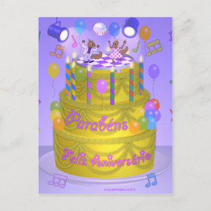 "Happy Birthday" cake (Portuguese) Postcard