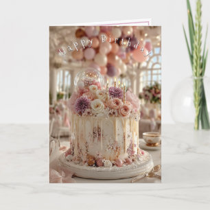 Happy Birthday Cake Pretty Pink Mauve Flowers Card