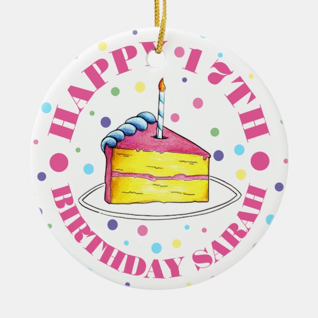 Happy Birthday Cake Slice Candle Pastel Polka Dots Ceramic Ornament (Front)