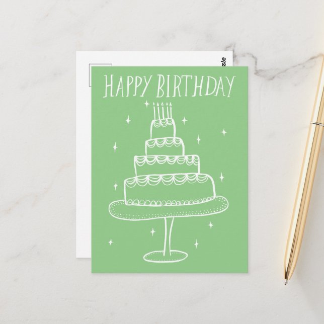 Happy Birthday Cake Whimsical Sketch Doodle  Postcard (Front/Back In Situ)