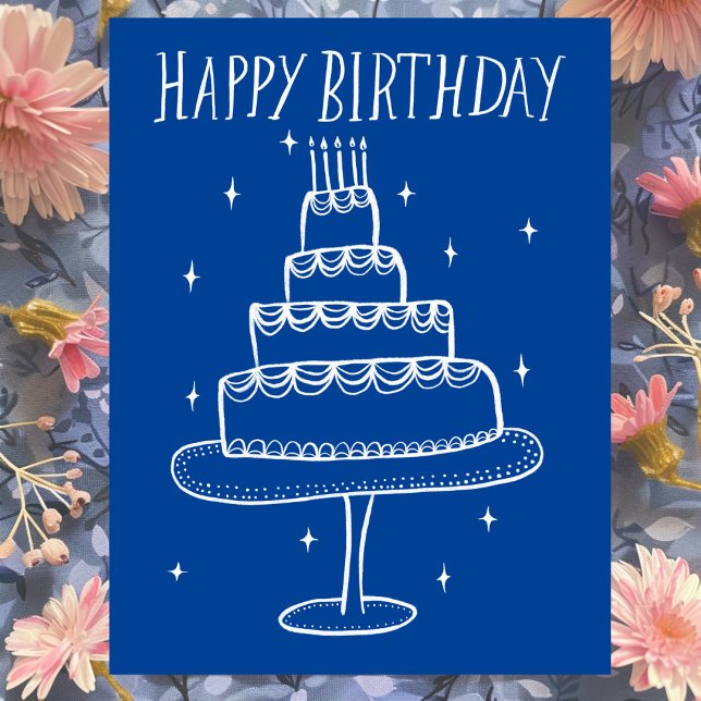 Happy Birthday Cake Whimsical Sketch Doodle  Postcard (Happy Birthday Cake Whimsical Sketch Doodle Blue White Postcard
)