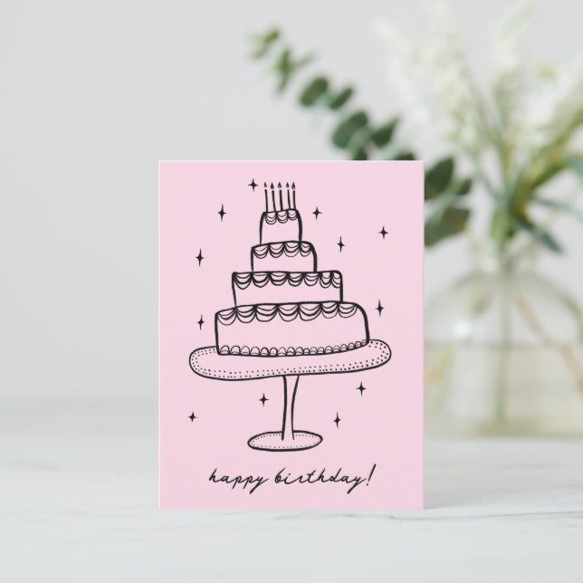 Happy Birthday Cake Whimsical Sketch Doodle  Postcard (Standing Front)