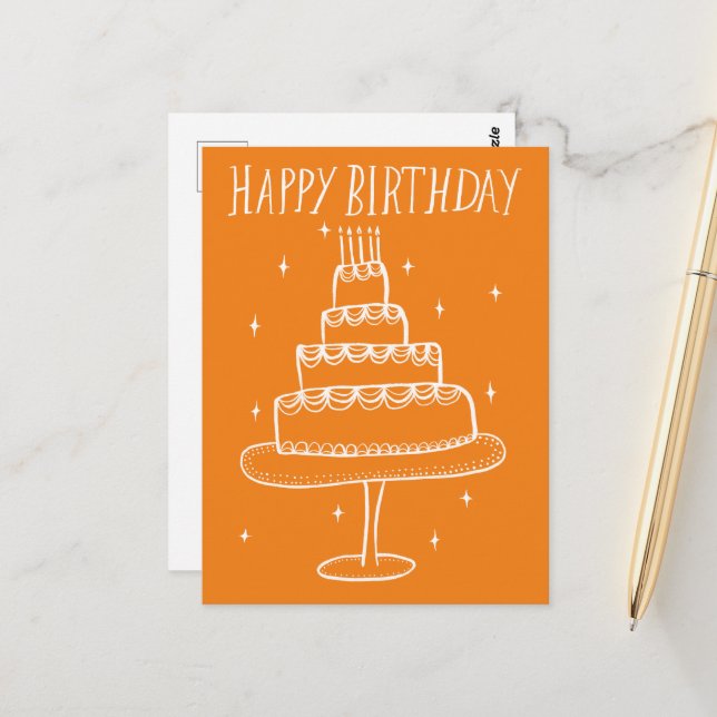 Happy Birthday Cake Whimsical Sketch Doodle  Postcard (Front/Back In Situ)