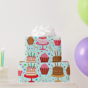 Happy Birthday Cakes and Cupcakes Pattern on blue  Wrapping Paper