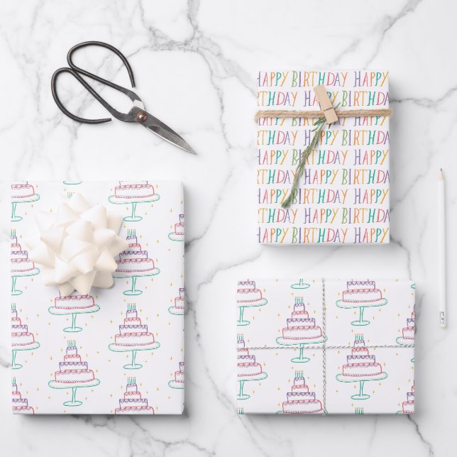 Happy Birthday Cakes Cute Charming Pattern Gift Wrapping Paper Sheet (Front)