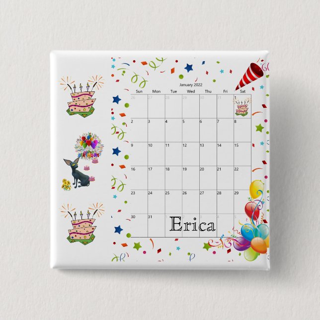 Happy Birthday Calendar January 2022 Button  (Front)
