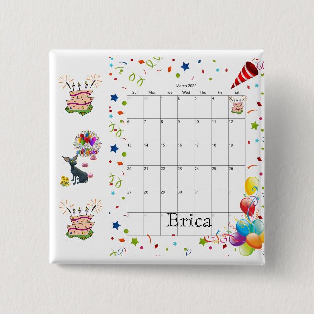 Happy Birthday Calendar March 2022 Button  (Front)